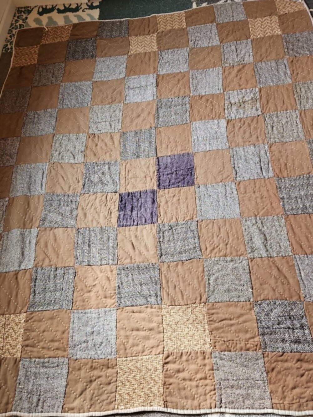 Antique 1920s Mens Wool Scrap Hand Sewn Quilt Stripe Ticking Back Yarn 58 x 75.5